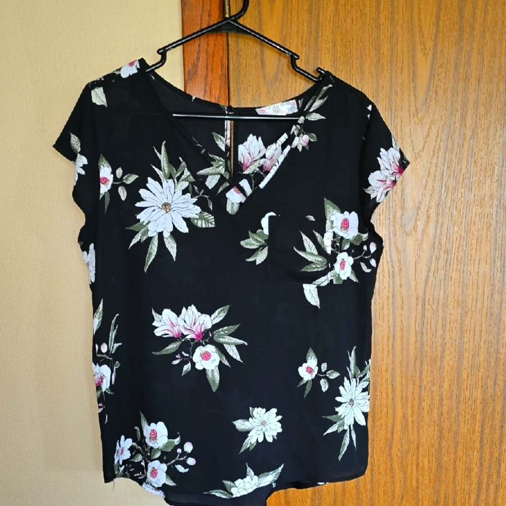 Pink Rose Black Floral Blouse